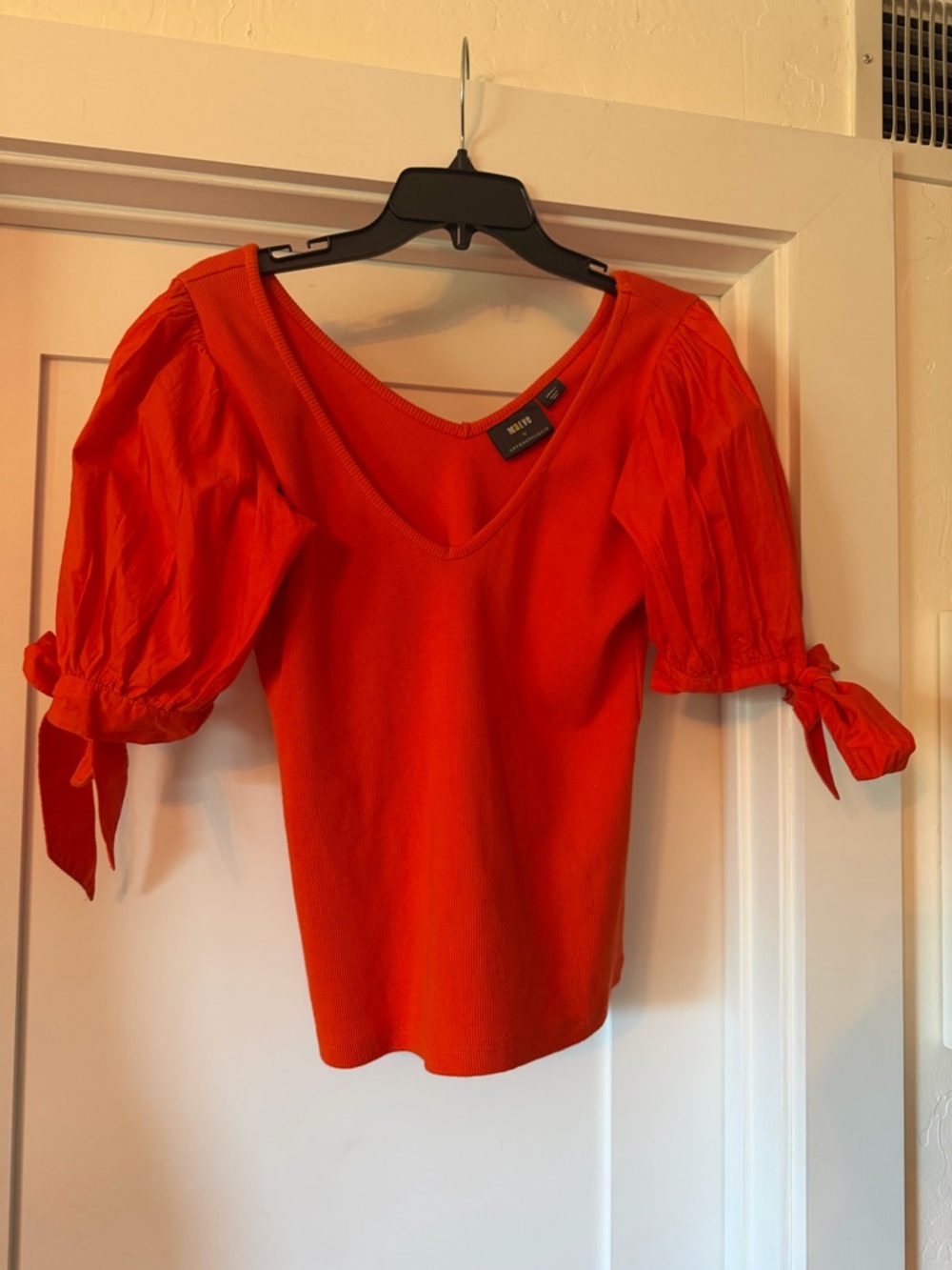 Anthropologie orange Puff-Sleeve V-Neck Top with Tie Sleeves